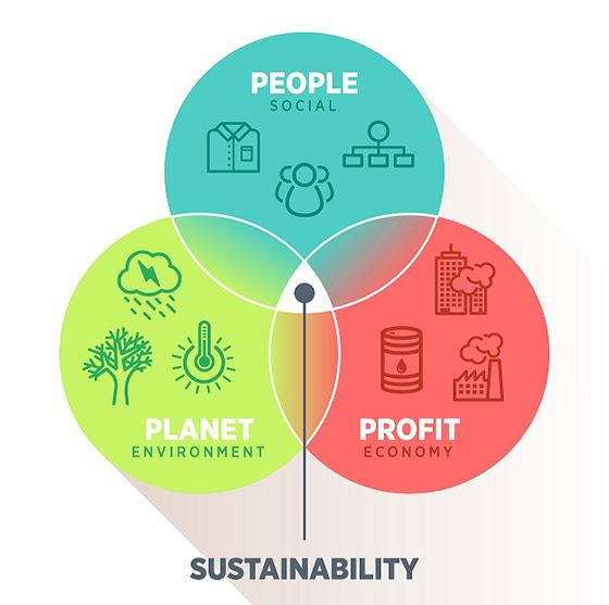 A three-way venn diagram detailing sustainable design practices with icons inside representing the environment, economy, and people