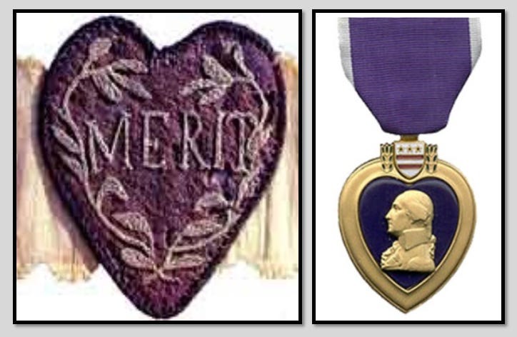 The Purple Heart is depicted alongside the Badge of Military Merit.