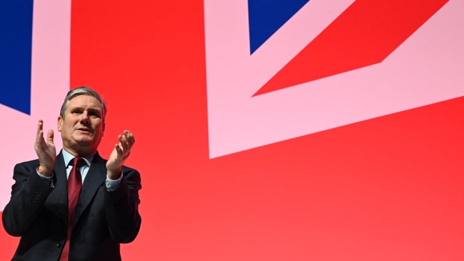 LIVERPOOL, U.K. - Oct. 11, 2023: Britain's main opposition Labour Party leader Keir Starmer applauds a speaker the final day of the annual Labour Party conference in Liverpool, northwest England, on October 11, 2023.