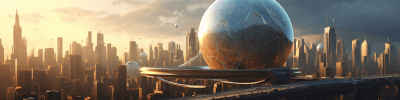 Midjourney: a giant sphere in the middle of a futuristic city --ar 4:1 --v 5.1