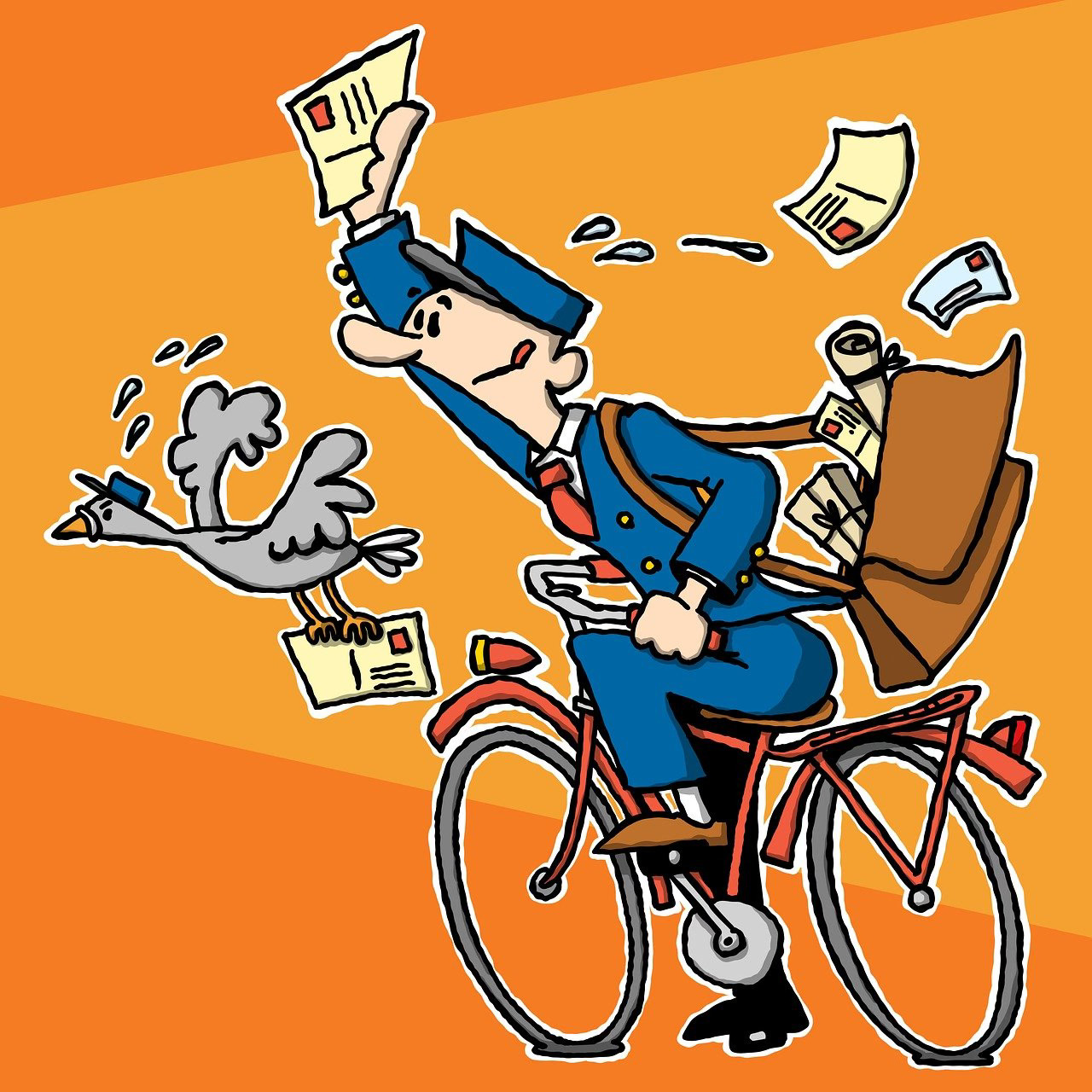 Cartoon mailman on a bicycle, frantically delivering letters