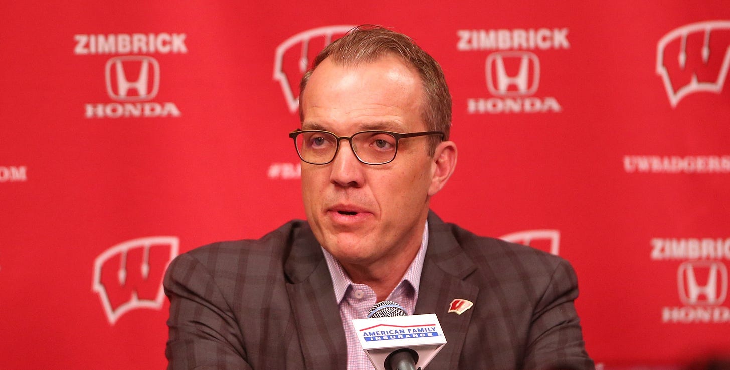 Wisconsin Badgers athletic director Chris McIntosh addresses the media at the Kohl Center