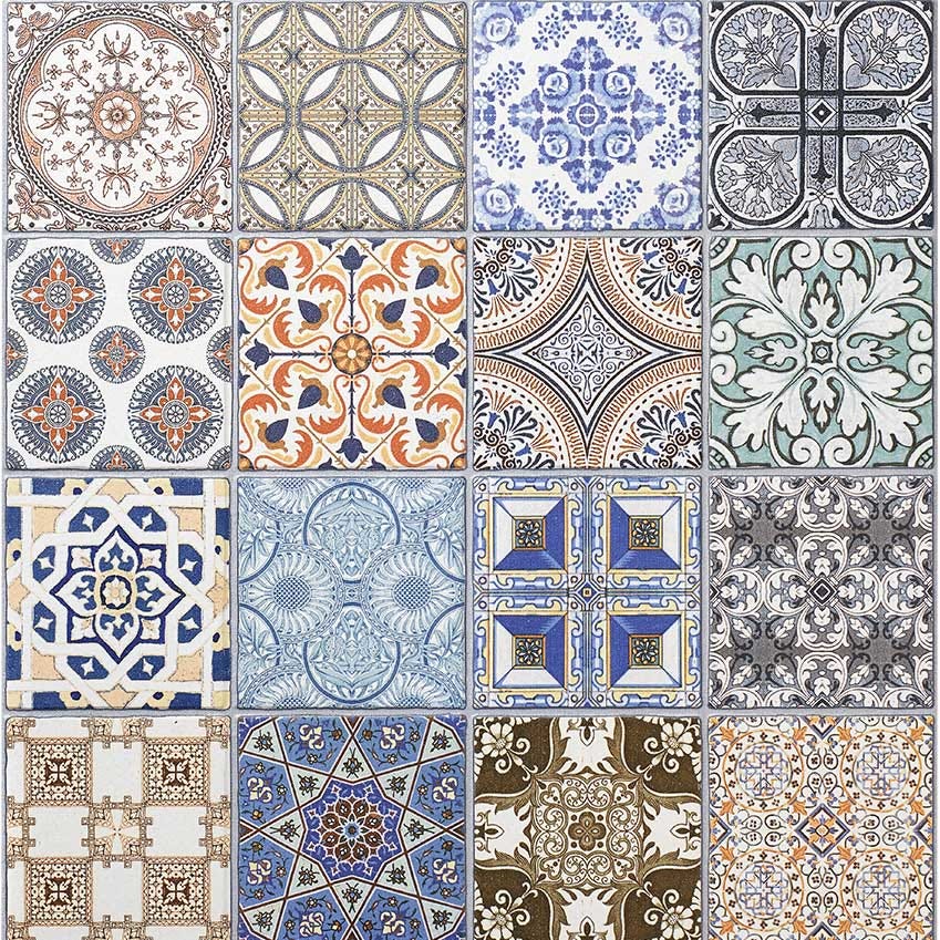 Making the mix and mismatch tile thing easy for you, The Baked Tile Company sell this "Vintage" multi-tile design by the square metre. £30 per sqm. bakedtiles.co.uk