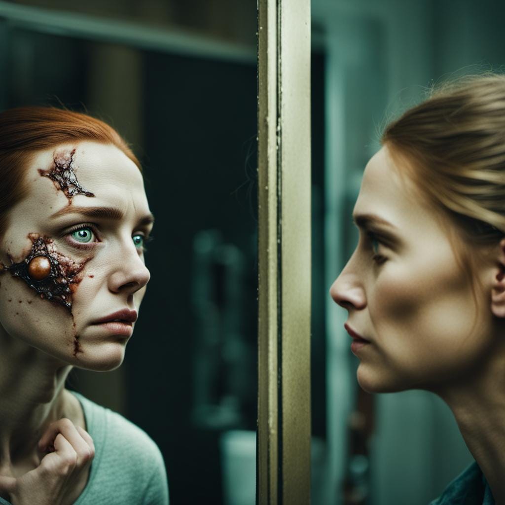 Woman looking in mirror and seeing scars and mutations that aren't there.
