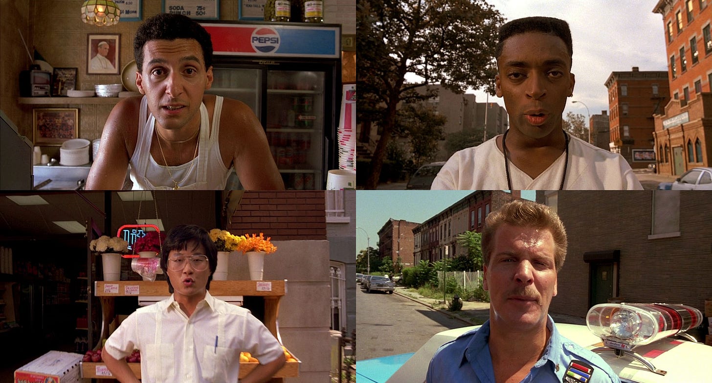 This polyptych shows the images of four Do the Right Thing characters directly addressing the camera during the film's "Racial Slur montage." Clockwise from top left: Pino Frangione (played by John Turturro), Mookie (played by Spike Lee), Officer Long (played by Rick Aiello), and Sonny, the Korean market owner (played by Steve Park).