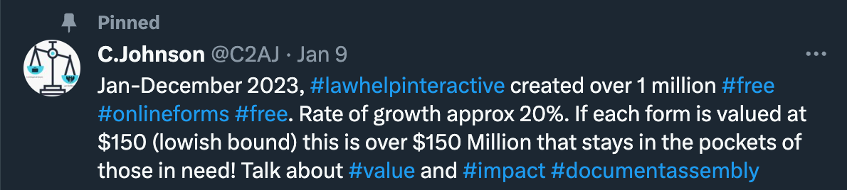 Jan-December 2023, #lawhelpinteractive created over 1 million #free #onlineforms #free. Rate of growth approx 20%. If each form is valued at $150 (lowish bound) this is over $150 Million that stays in the pockets of those in need! Talk about #value and #impact #documentassembly
