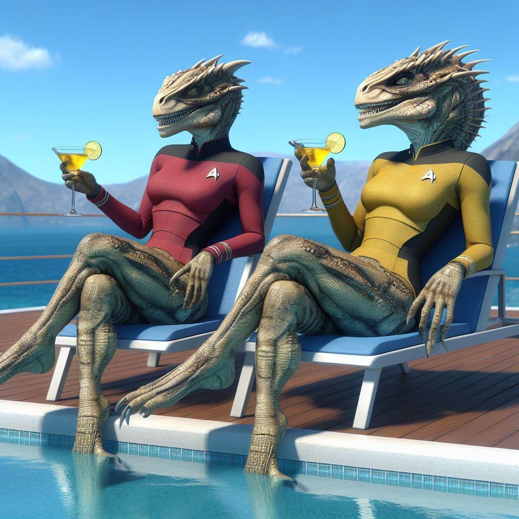 Two reptilian female starfleet officers relax on the edge of a sunny pool drinking their martinis