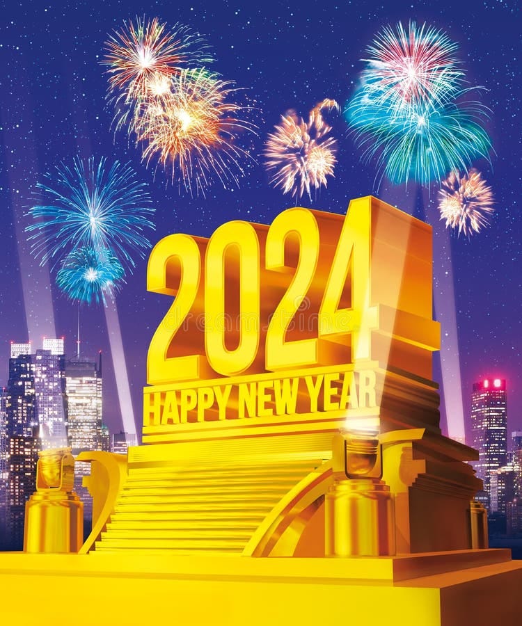Golden Happy New Year 2024 on a Platform Against City Skyline with ...