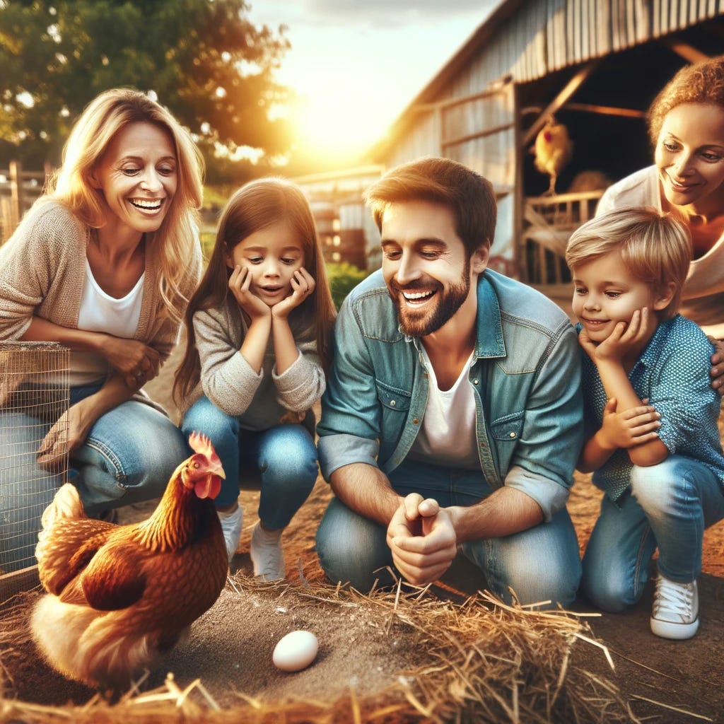 A heartwarming scene of a happy family visiting a farm, closely observing a chicken laying an egg. The family, consisting of parents and children, is shown with expressions of amazement and joy as they witness this moment. They are gathered around a chicken coop, where a single hen is in the process of laying an egg, a focal point of their attention. The children's faces are lit up with curiosity, and one parent is kneeling down to explain the process, making it an educational experience. The farm setting is idyllic, with greenery, a barn in the distance, and the warmth of the sun enhancing the beauty of the moment. This image captures the family's delight in learning about the cycle of life on a farm, emphasizing the importance of connecting with nature and understanding where food comes from.