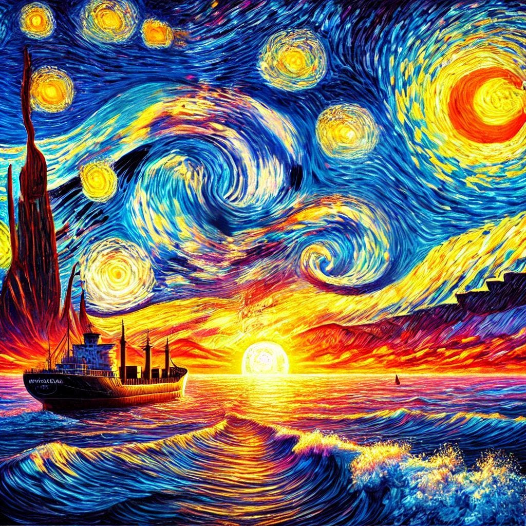 A vibrant masterpiece featuring the ocean, a container ship, and a stunning sunset, inspired by Van Goghs style