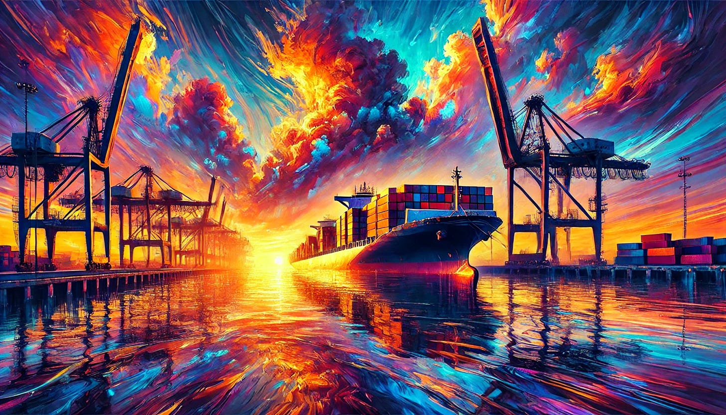 A breathtaking, artistic depiction of a massive cargo ship sailing through a surreal ocean at sunrise. The scene blends realism with a dreamy, painterly style—vibrant shipping containers glow with golden light, while the water reflects a stunning mix of deep blues, purples, and fiery oranges. Towering port cranes in the background appear almost sculptural, adding grandeur to the industrial landscape. The sky is an explosion of color, evoking a sense of movement and global connectivity. The composition is bold, dramatic, and visually striking, designed to captivate and draw the viewer in.