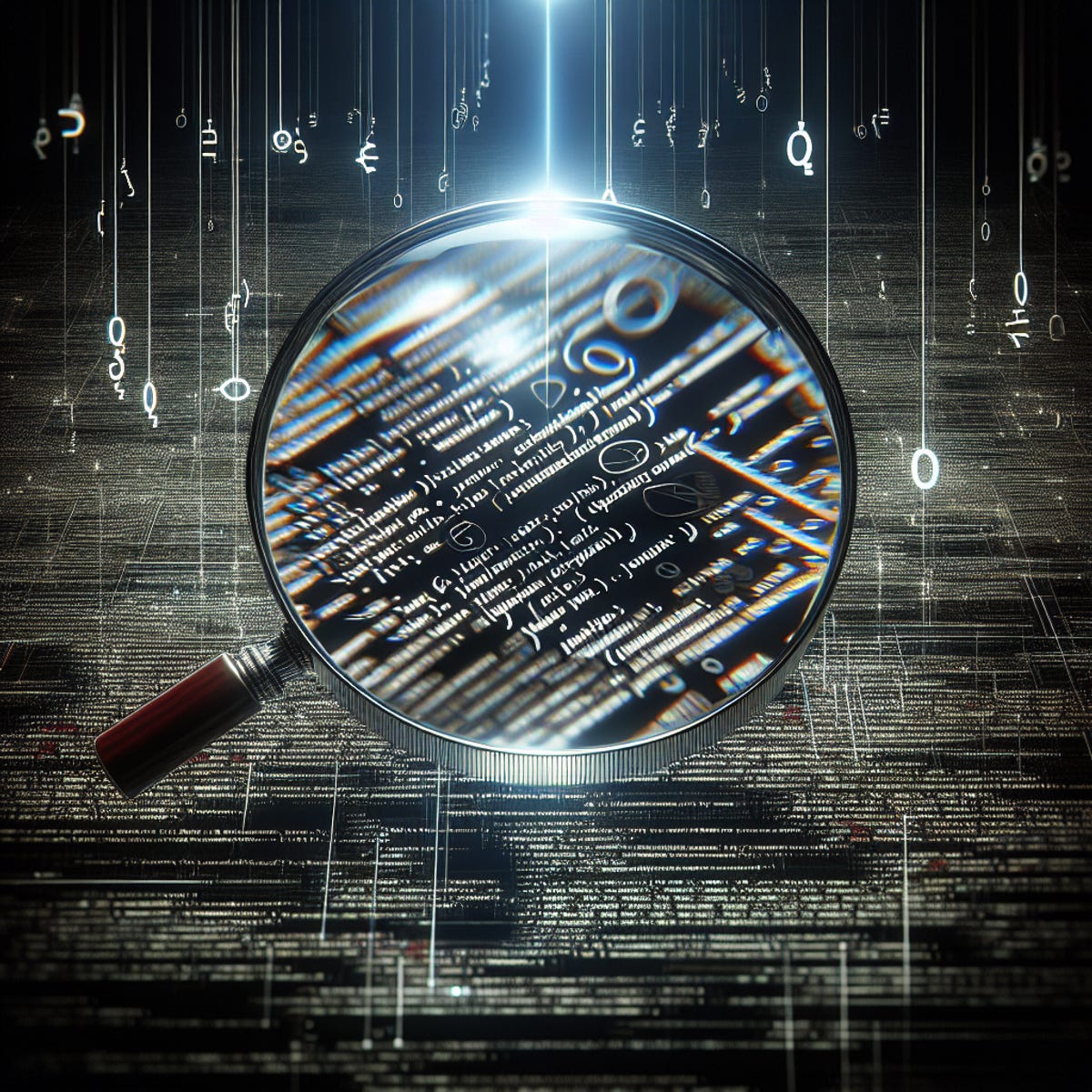 A magnifying glass hovers in the air, reflecting abstract patterns of computer code symbols.