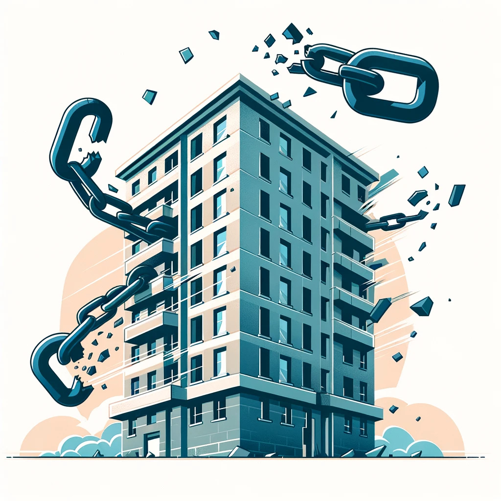 A flat, simple illustration depicting an apartment building breaking free from shackles. The building should be stylized, with visual elements indicating a sense of liberation. Include symbolic shackles or chains breaking apart, representing the regressive charges. The apartment building should appear dynamic and somewhat animated, conveying a feeling of relief and freedom. The overall tone should be optimistic and empowering, capturing the concept of overcoming financial burdens in a visually engaging manner, suitable for a policy discussion or educational material on housing and taxation.