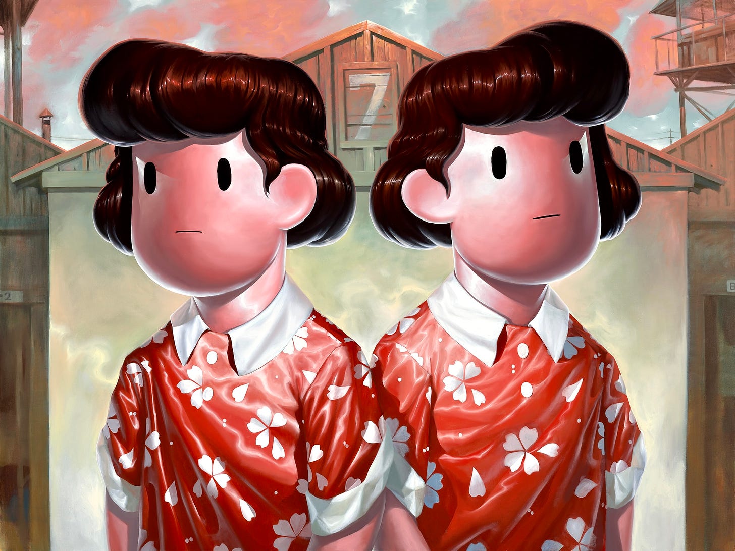 An illustrations shows two identical girls in red dresses standing in front of a warehouse