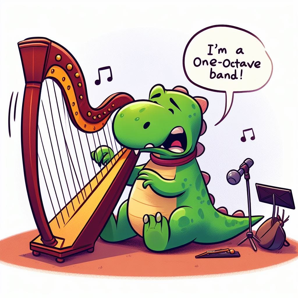 Cartoon illustration: Frustrated T-rex struggles to play the harp. He says "I'm a one-octave band!"