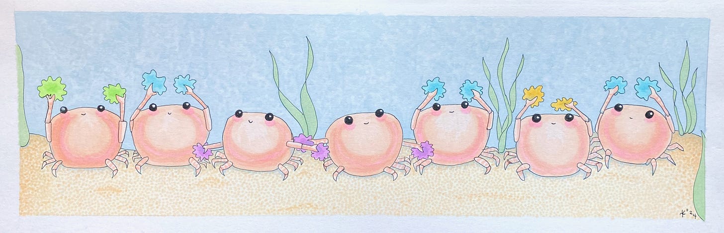 Hand-drawn cartoon of 9 adorable crabbies waving sea-anemone pom poms. Each crab is, cheerleader-like, spelling out a letter with their arms. The complete scene reads H-O-T-T-O-G-O. The crabs are ready.