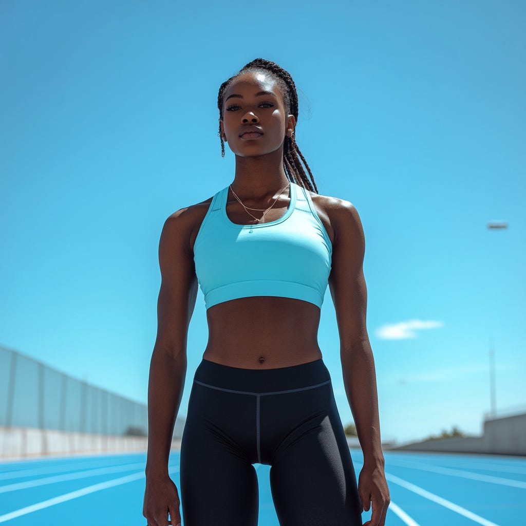 Strong, black female track sprinter getting ready to sprint. 