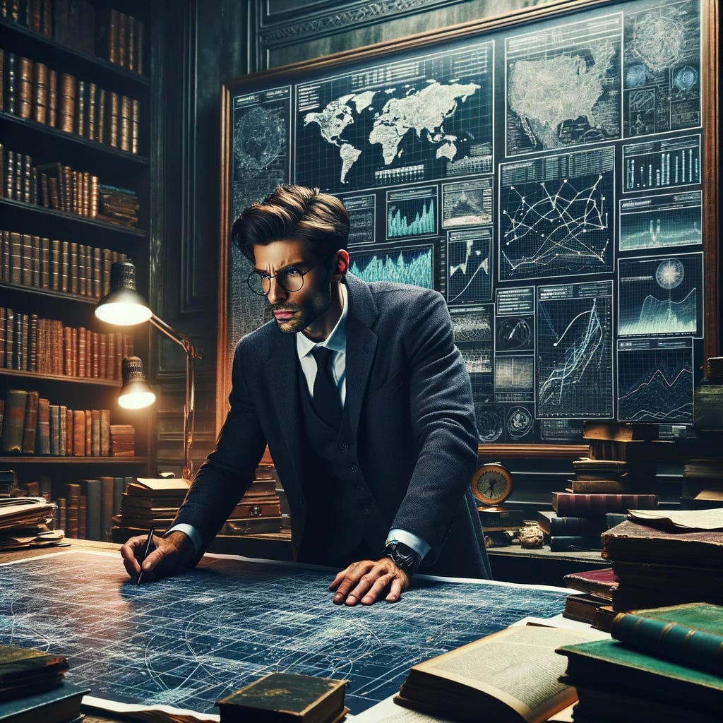 A handsome mad scientist type man mapping complex data across a large room filled with books and art pieces. The man has neatly styled hair and sharp features, wearing glasses. He is intensely focused on a massive wall filled with various charts, graphs, and notes. The room remains cluttered with piles of books, vintage maps, and various intriguing art pieces. There is a large desk overflowing with papers and open books, dimly lit by a classic desk lamp, maintaining the moody ambiance of the original scene.