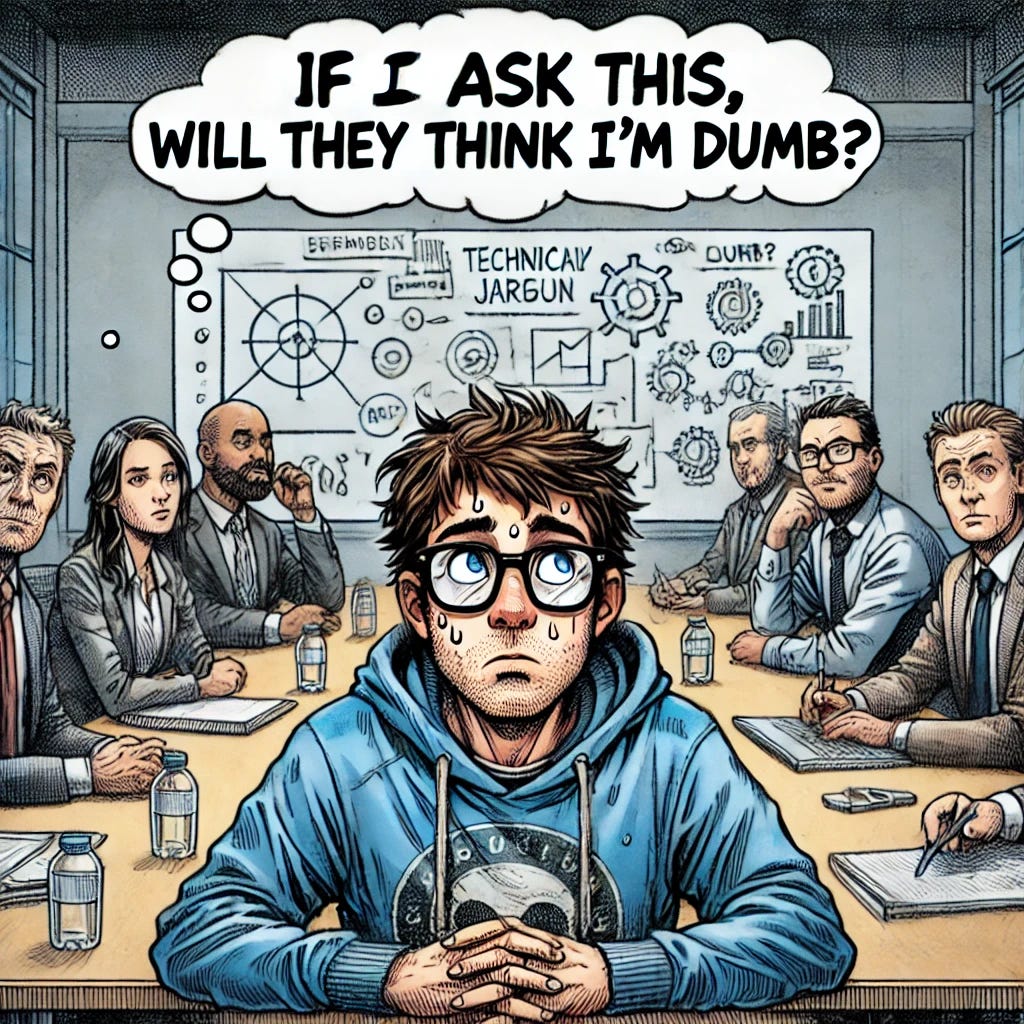 A comic-style drawing of an engineer sitting in a conference room during a meeting, looking nervous and hesitant. The engineer, wearing glasses and a hoodie, has a thought bubble that says, 'If I ask this, will they think I’m dumb?' Around the table, colleagues look serious and engaged, some taking notes. The scene is detailed with a whiteboard full of diagrams and technical jargon in the background. The engineer's expression conveys anxiety, with beads of sweat and a slightly raised hand unsure whether to speak.