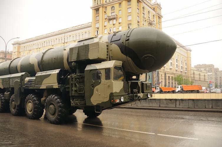 Russian nuclear weapon on display as part of a military parade in Russia.