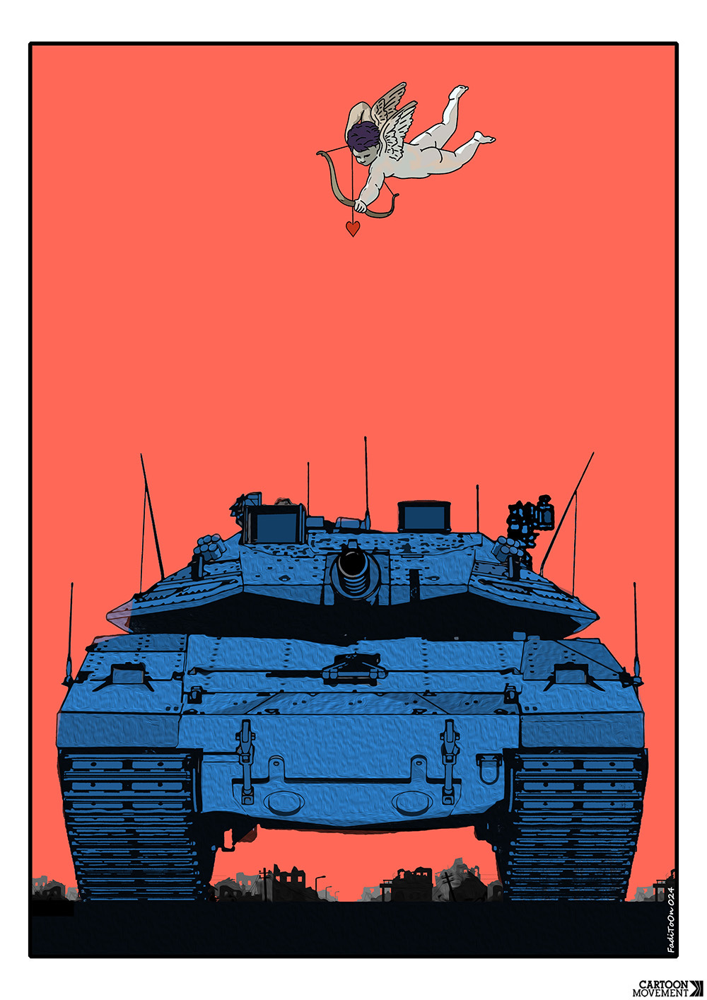 Cartoon showing a large tank with a small cupid flying above it, aiming a heart-tipped arrow towards the tanks.