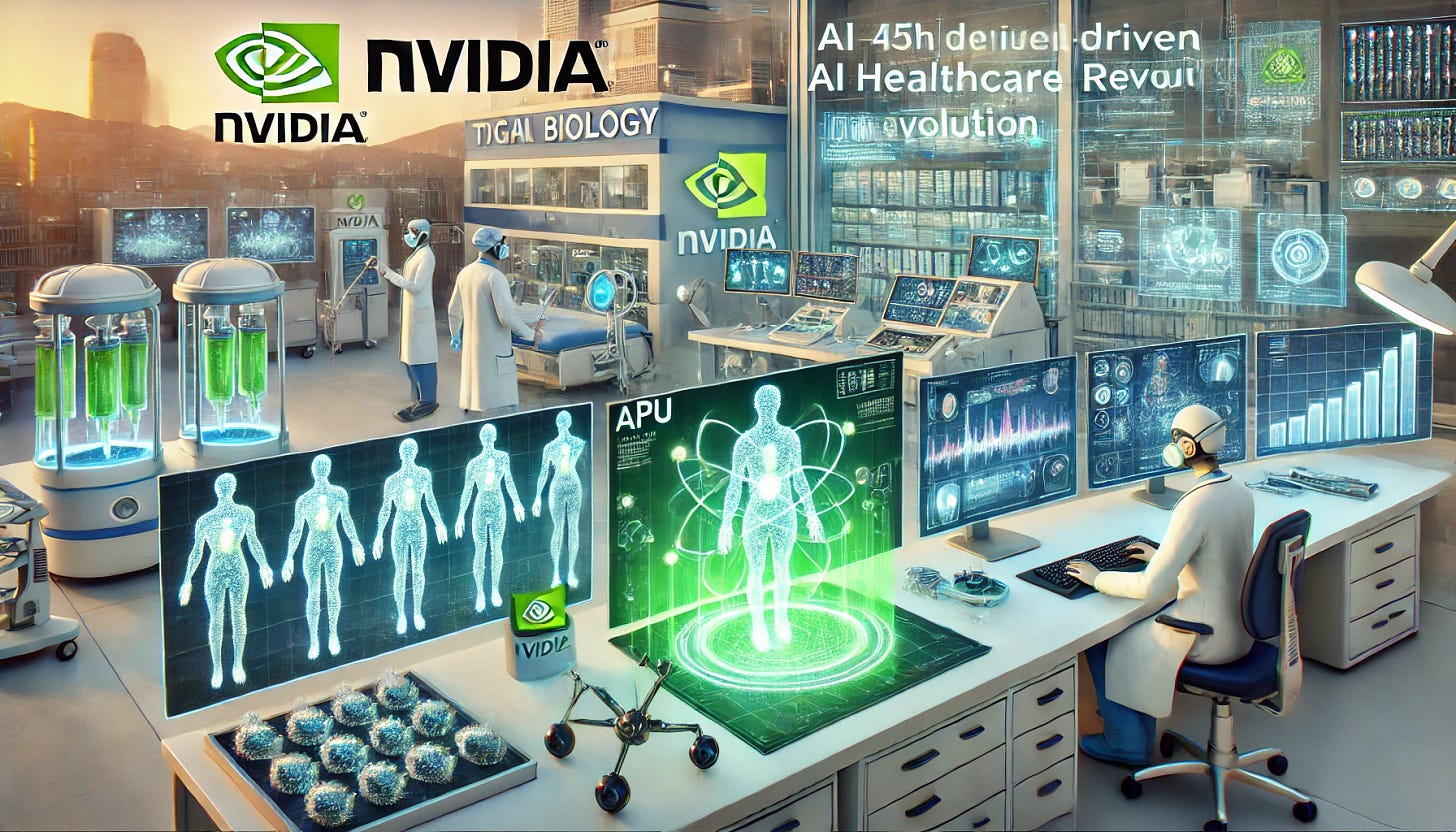A 16:9 futuristic illustration showcasing NVIDIA’s AI-driven healthcare revolution. The scene features a high-tech NVIDIA-branded medical research lab with glowing AI-powered diagnostic screens and holographic patient data. A digital biology workstation processes molecular simulations using GPU acceleration, while robotic surgical assistants leverage AI insights in real-time. In the background, a futuristic hospital integrates NVIDIA’s AI solutions for predictive health analytics. Holographic overlays highlight NVIDIA’s presence at the TD Cowen 45th Annual Healthcare Conference, emphasizing its impact on digital health and biotechnology.