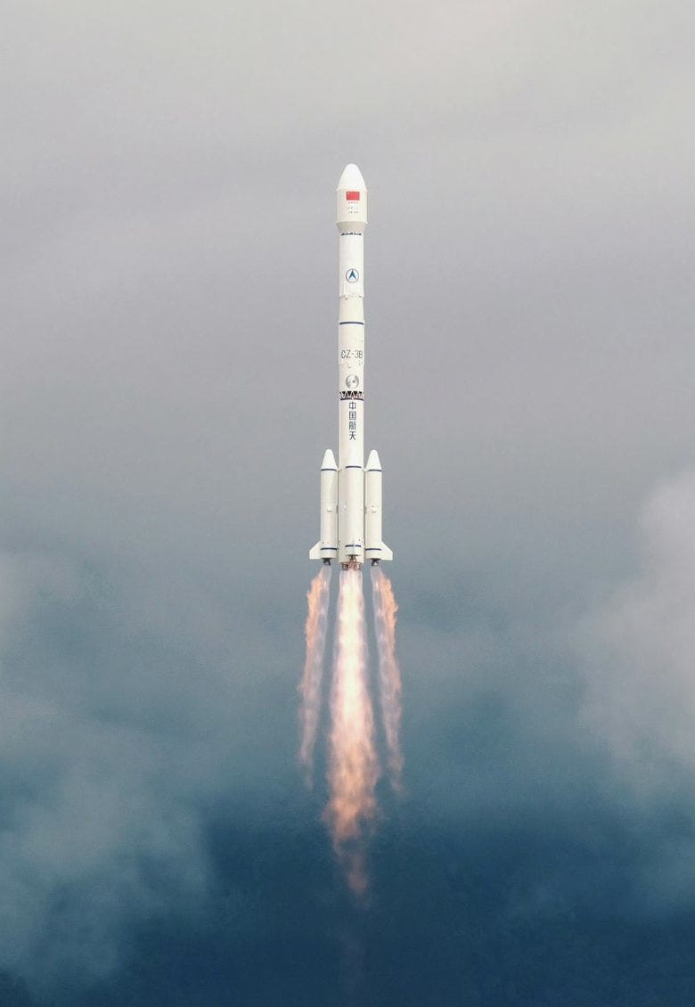 The Long March 3B/E Y97 launch vehicle during first-stage flight.