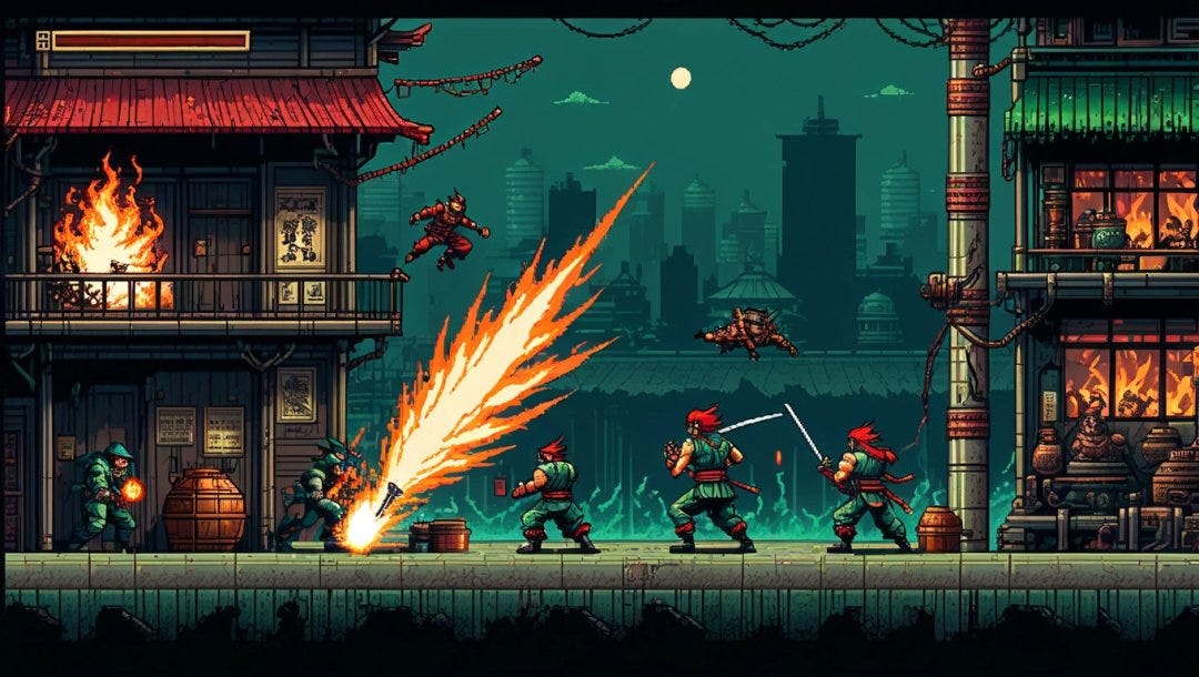 Neo Geo videogame emulator | 2d action game | a dieselpunk ninja confronting demons | 90s nostalgic (pixel art:1.5) | in-game screenshot