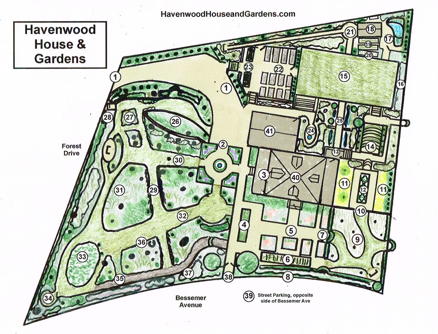 Map of nearly 40 garden rooms and features around the one acre garden at Havenwood.