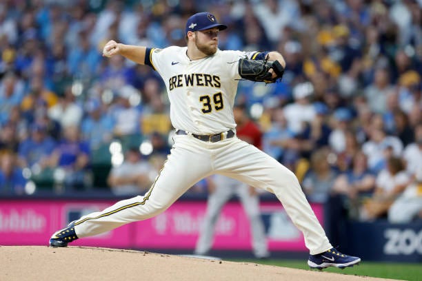 Corbin Burnes of the Milwaukee Brewers pitches in the first inning against the Arizona Diamondbacks during Game One of the Wild Card Series at...