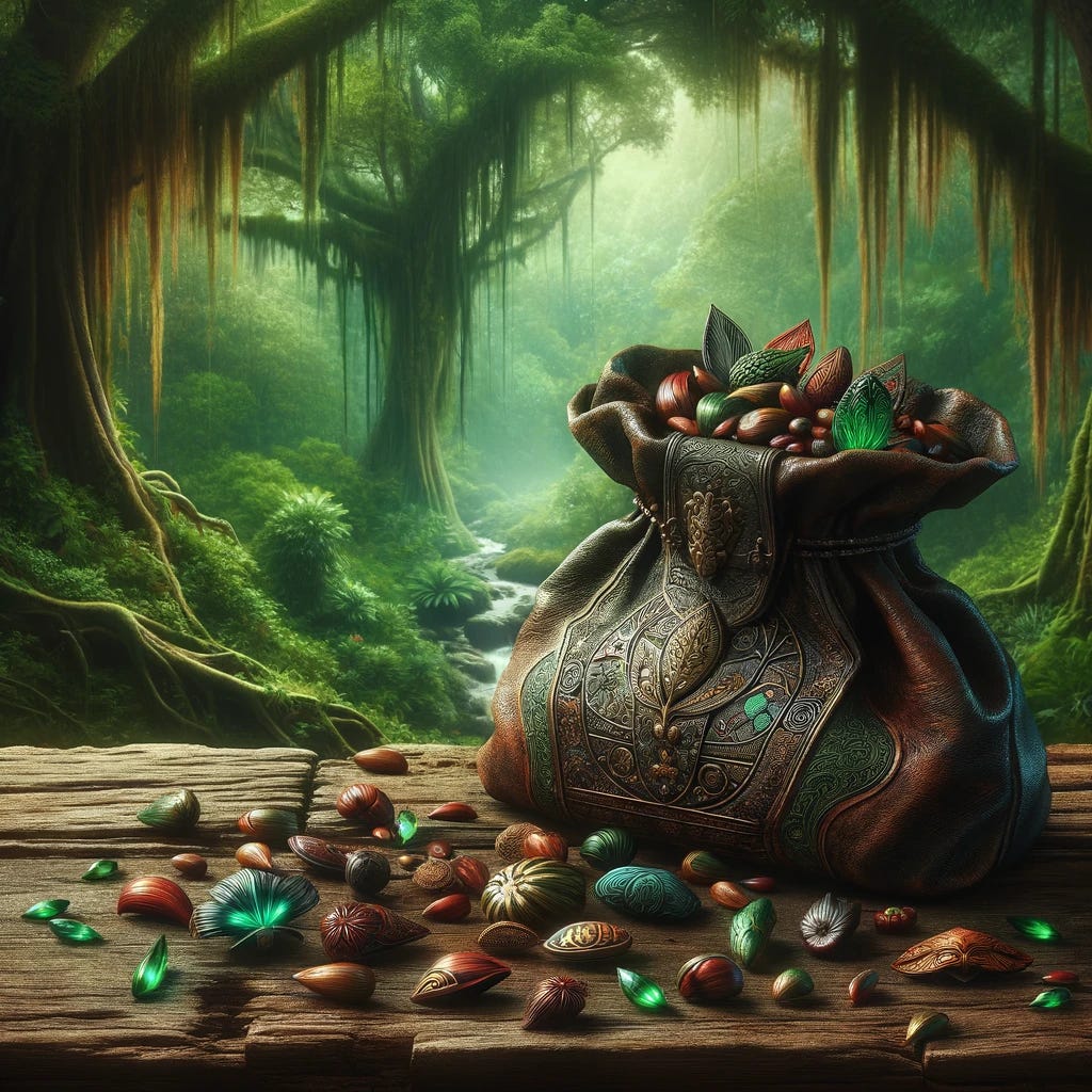 A mystical scene featuring an ancient, weathered leather bag, richly embossed with symbols of various plants and flowers, resting upon a reclaimed wooden table amidst a lush, vibrant green forest. The bag is slightly open, revealing numerous exotic, unidentifiable seeds spilling onto the table, each seed radiating a subtle glow. The seeds have unique shapes and vivid colors, hinting at their magical origins. The surrounding forest is teeming with life, emphasizing the connection between the seeds and the natural world. The lighting is soft and filtered through the canopy, highlighting the greenery and the mystical ambiance of the setting.
