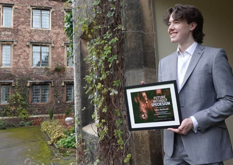 Callan MacDonald, a graduate student at the University of Cambridge, has won PETA’s first-ever Future Without Speciesism Cash Award for his AgriCell project.