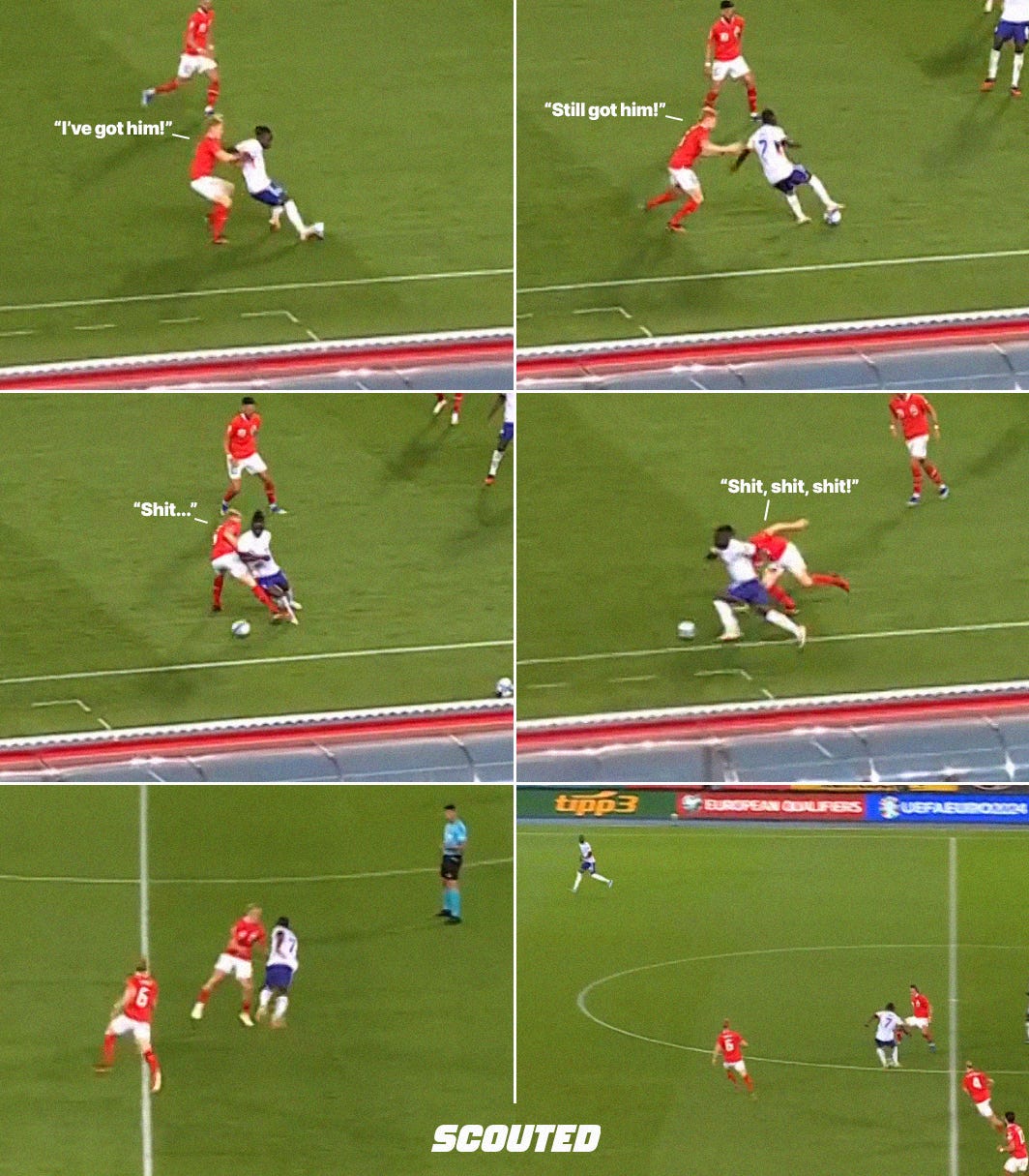 A sequence of screnshots showing Jérémy Doku complete two dribbles in a UEFA EURO 2024 qualifier against Austria.  He goes from being pinned on the touchline by an Austrian defender to spinning him with a ball roll, burst away from him, then beating another Austrian defender in midfield to open up the pass to a wide attacker, creating a three-v-three atack.  Each screenshot is seperated by a white line and there's a white 'SCOUTED' logo at the bottom of the graphic.