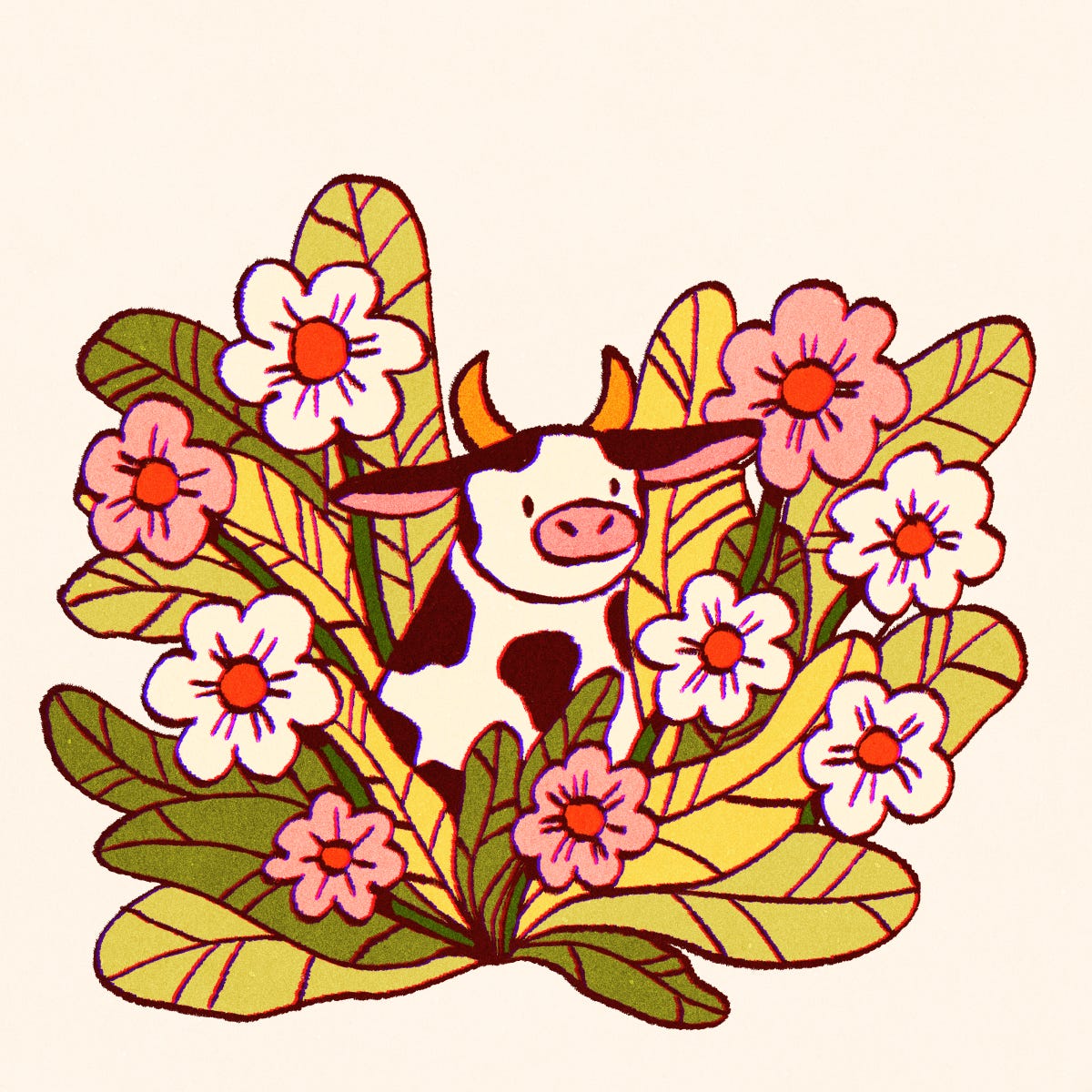 A digital drawing of a cow sitting among some flowers.