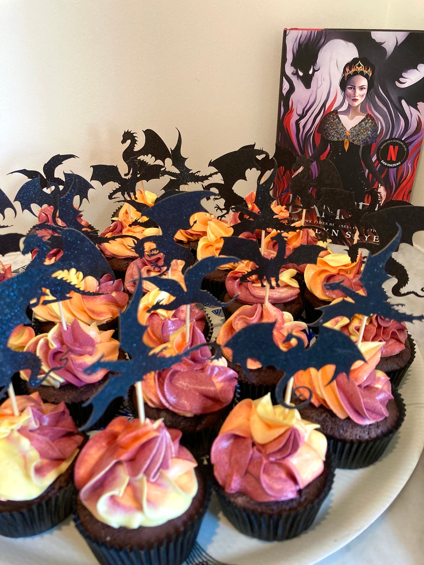 Dragonfire-frosted cupcakes at the Damsel book launch party, baked by the author’s daughter