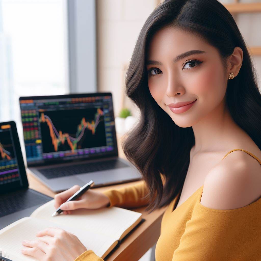 A pretty Asian woman researching her stocks before earnings with stock charts on the three images that don't include them