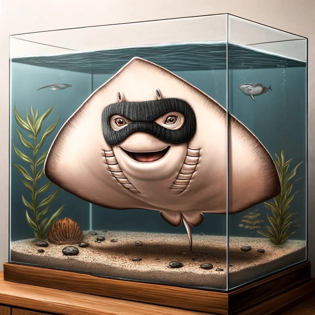 A realistic drawing of a mischievous stingray wearing a robber's mask over its eyes. The stingray is light brown in color and is inside a large tank. The tank has clear glass walls, with water and some aquatic plants inside. The stingray has a playful and cheeky expression, with its fins spread out as if it's gliding through the water. The background includes some details of the tank's interior, like plants and pebbles.