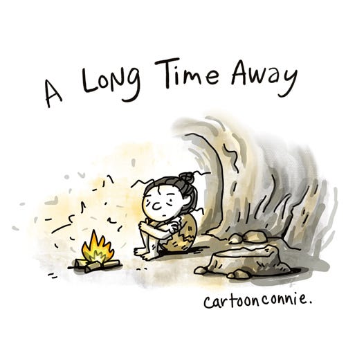 A Long Time Away Illustration of a cartoon girl in a cave with a messy bun, sitting alone in front of a fire. Titled "A Long Time Away." Original artwork by Connie Sun, cartoonconnie, 2024