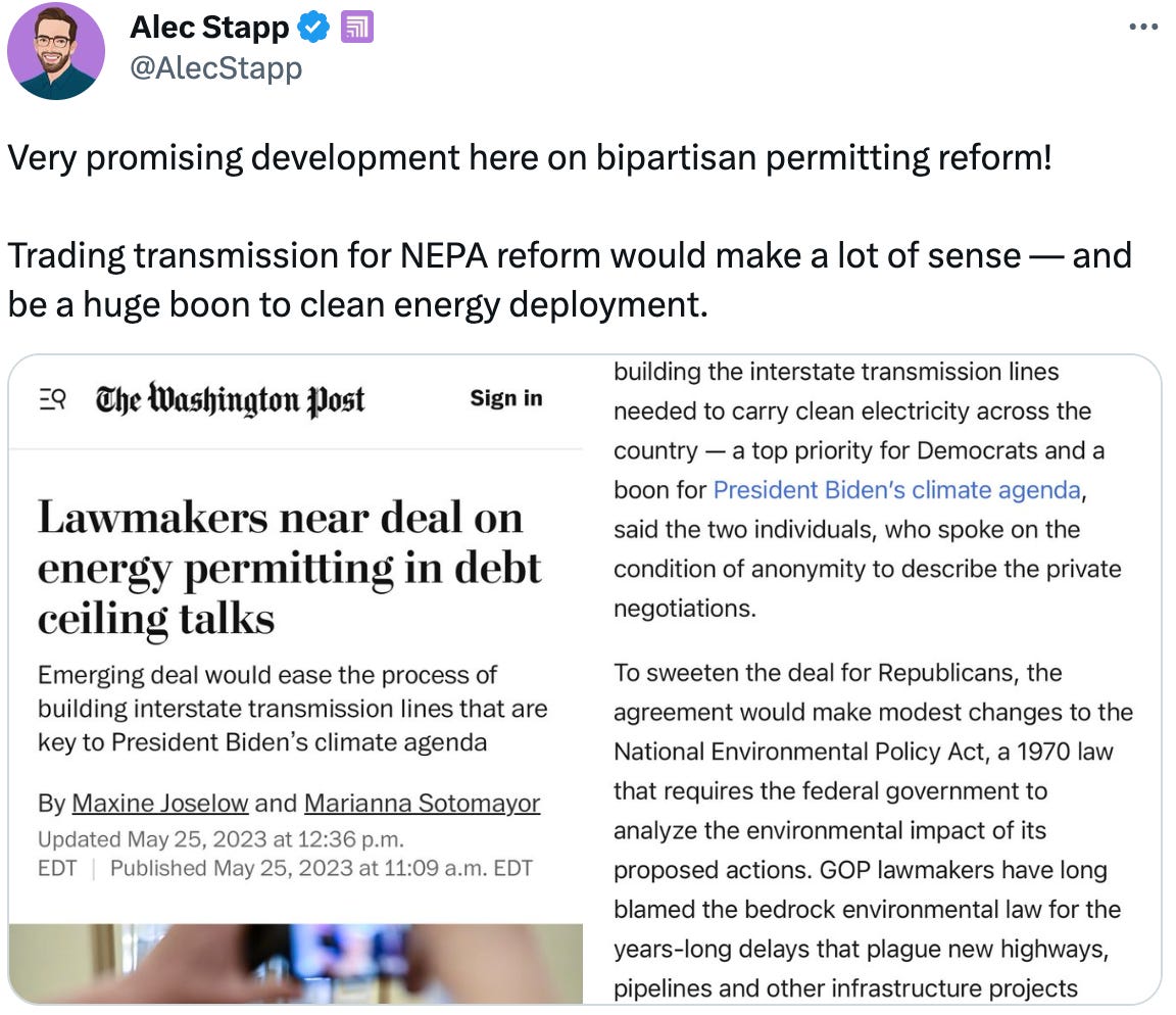  See new Tweets Conversation Alec Stapp  @AlecStapp Very promising development here on bipartisan permitting reform!  Trading transmission for NEPA reform would make a lot of sense — and be a huge boon to clean energy deployment.