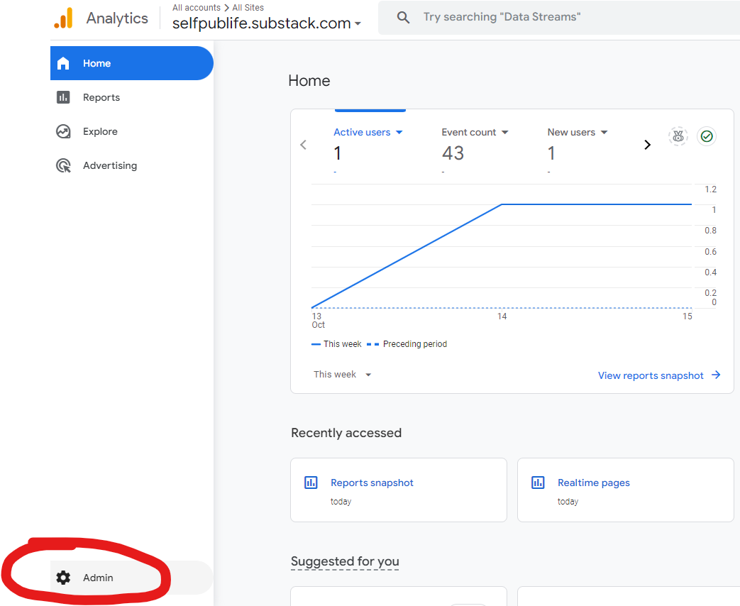 Google Analytics screen shot admin button