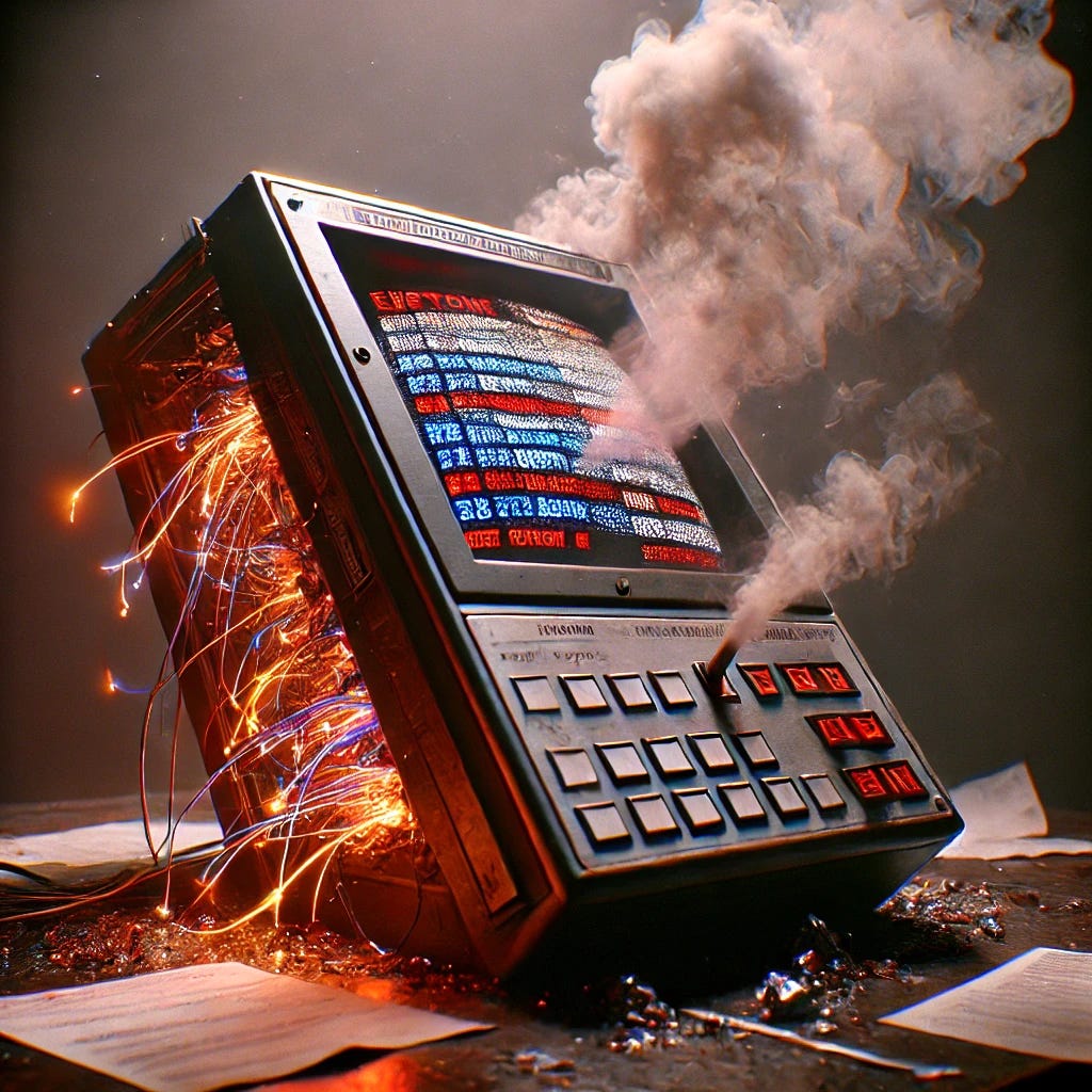 A realistic, close-up image of a voting machine that is smoking and glitching, with sparks and error messages on its screen. The machine is slightly tilted with a cracked display showing glitchy graphics and scrambled numbers. Smoke rises from the machine, and faint red and orange glow hints at overheating. The setting is a dimly lit polling station, and there are papers scattered nearby, adding to the chaotic atmosphere. The style is detailed and dramatic, emphasizing the malfunction of the machine and a sense of tension.