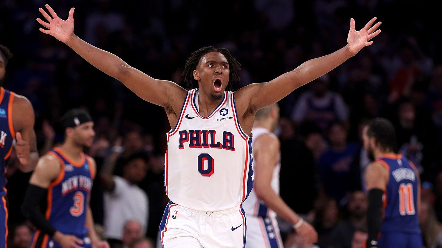 Tyrese Maxey celebrates as the Philadelphia 76ers took the game to overtime.