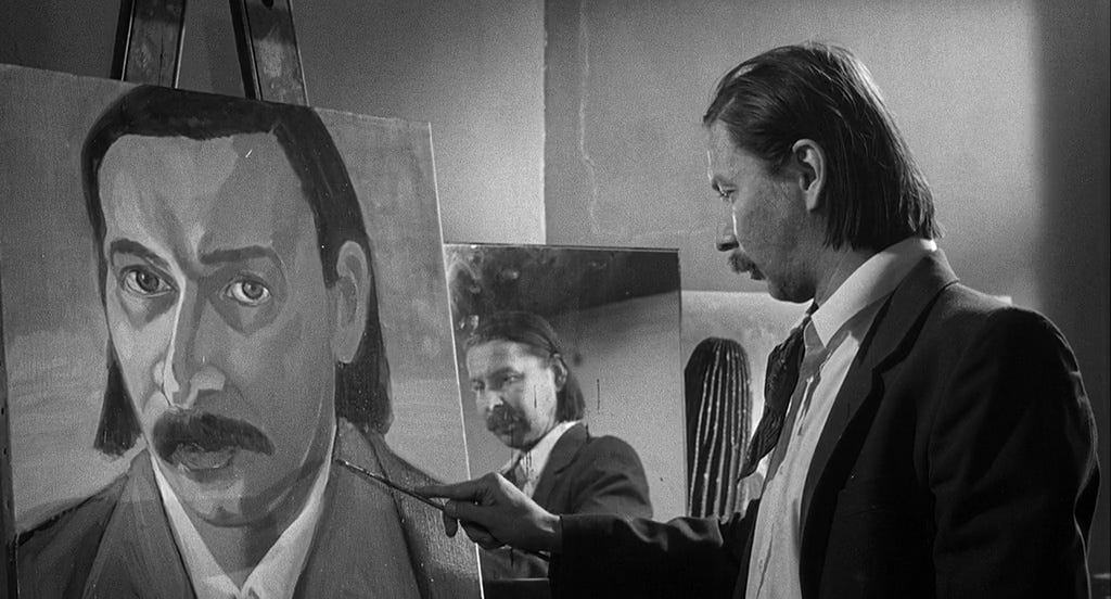 Matti Pellonpää observes his reflection to paint a self-portrait in Aki Kaurismaki's La vie de bohème.