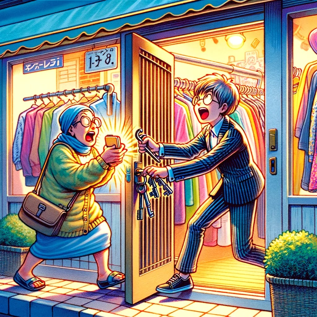 A vivid cartoon scene, inspired by the style of Japanese animation, depicts a clothes shop owner at the moment of locking up the shop for the day. They are jangling their keys in the shop door, a clear sign of closing time. Suddenly, an eager customer appears, rushing up with a look of hopeful urgency, asking the shop owner to keep the shop open a little longer. The shop is charming and inviting, filled with an array of fashionable clothes. The characters are drawn with expressive faces, capturing the tension and urgency of the moment in vibrant, dynamic detail.