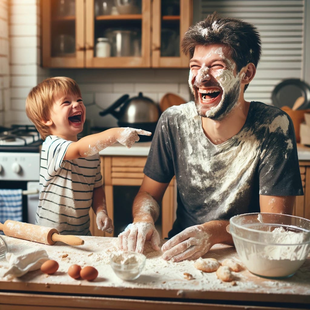 A humorous scene of a 4-year-old child laughing at a mess created by his father. The father, in an attempt to bake or cook, has ended up with flour on his face and clothes, and the kitchen is in a state of disarray, with utensils and ingredients scattered everywhere. The child is standing at a safe distance, pointing at his father and laughing heartily, amused by the situation. The father, although covered in mess, is looking at his child with a smile, sharing in the humor of the moment. This scene captures the joy and light-heartedness of family life, highlighting the bond between father and child through shared laughter over a simple, everyday mishap.
