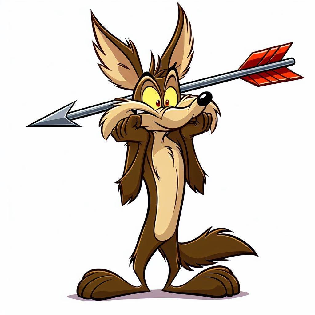 A coyote with a fake arrow through its head
