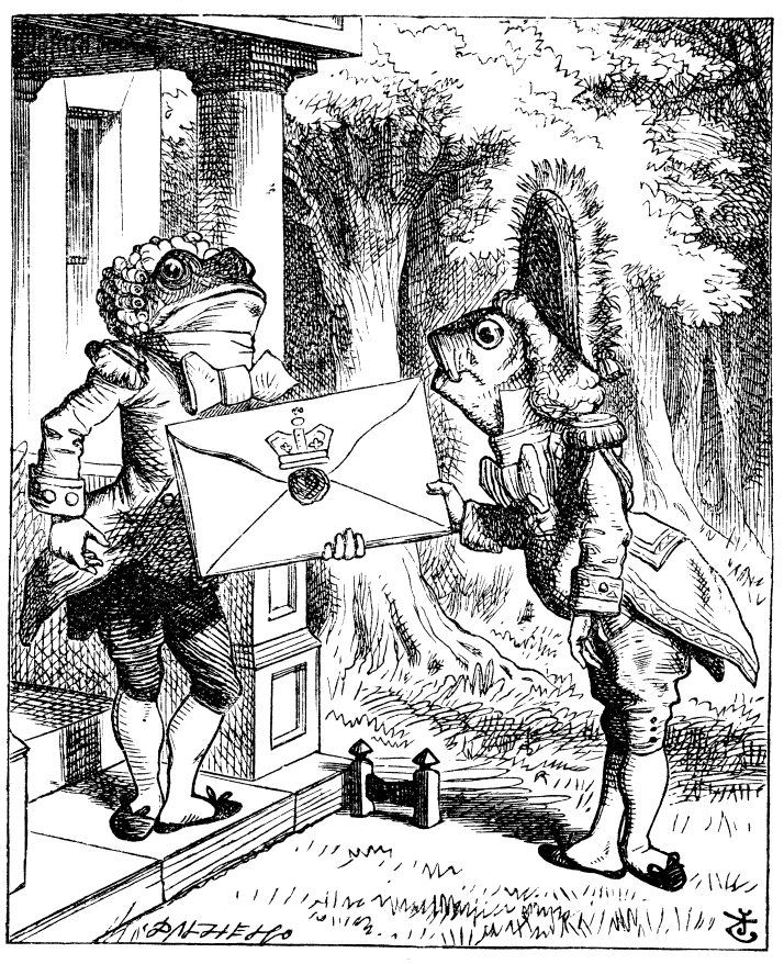 Tenniel's illustration of Fish delivering giant letter from Alice in Wonderland