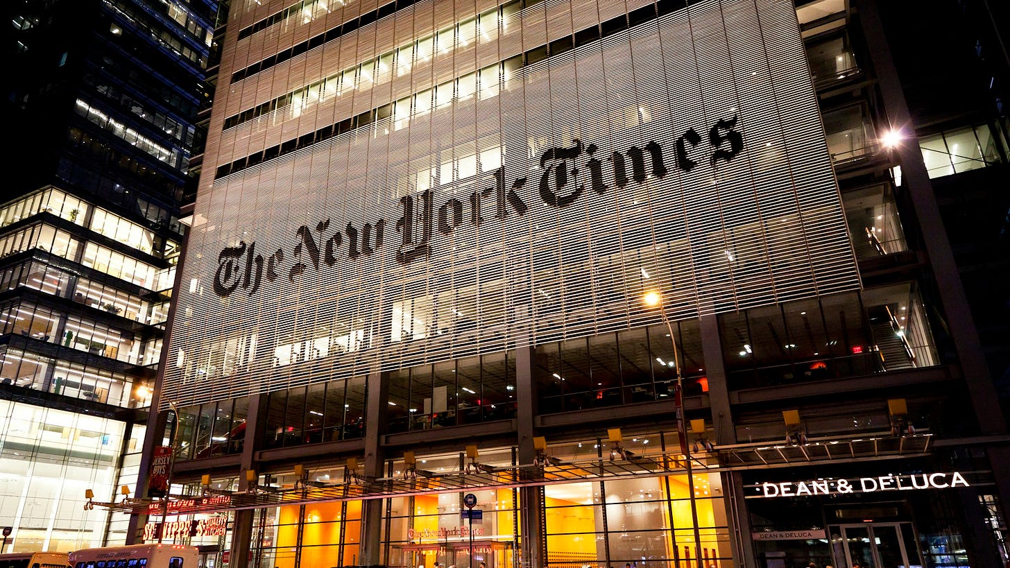 New York, NY, USA - July 11, 2016: Headquarters of The New York Times in night. mizoula. Getty Images.