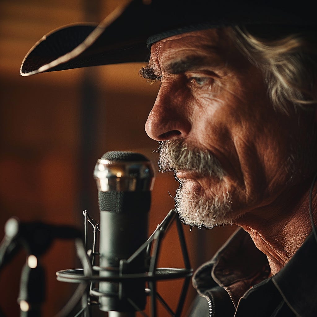 This is a close-up image of a mature man with a mustache and a beard, who appears to be engaged in speaking or singing into a professional microphone. The man is wearing a dark hat, which casts a shadow over his eyes, adding a sense of intensity to his expression. The microphone, equipped with a pop filter, is in sharp focus, suggesting the setting might be a recording studio. The background is softly lit and blurred, keeping the focus on the man's face and the microphone.