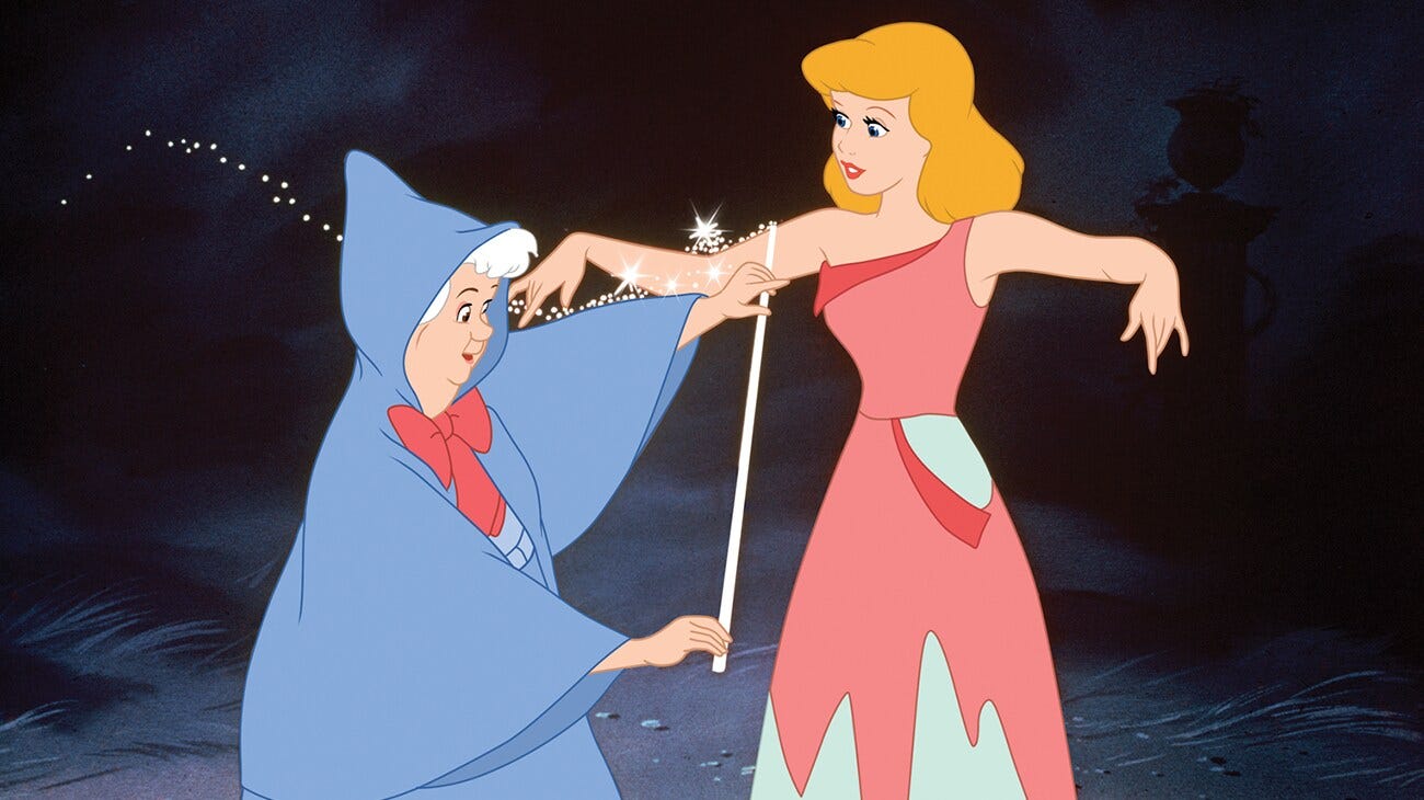 Disney Cinderella still featuring the Fairy Godmother ready to fix Cinderella's tattered gown